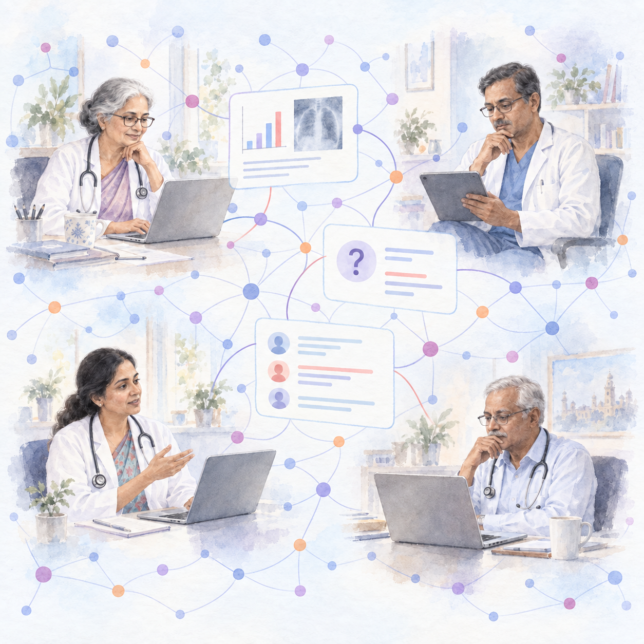 Watercolor illustration of four clinicians sharing perspectives through a network of connected digital nodes